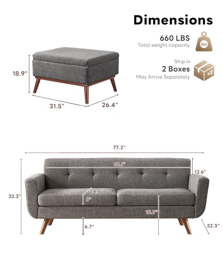 Tbfit L Shaped Couch Sofa, 80" W Mid-Century Modern Sectional Couches, 3 Seater Sofas with Wide Chaise Lounge & Two Pillows