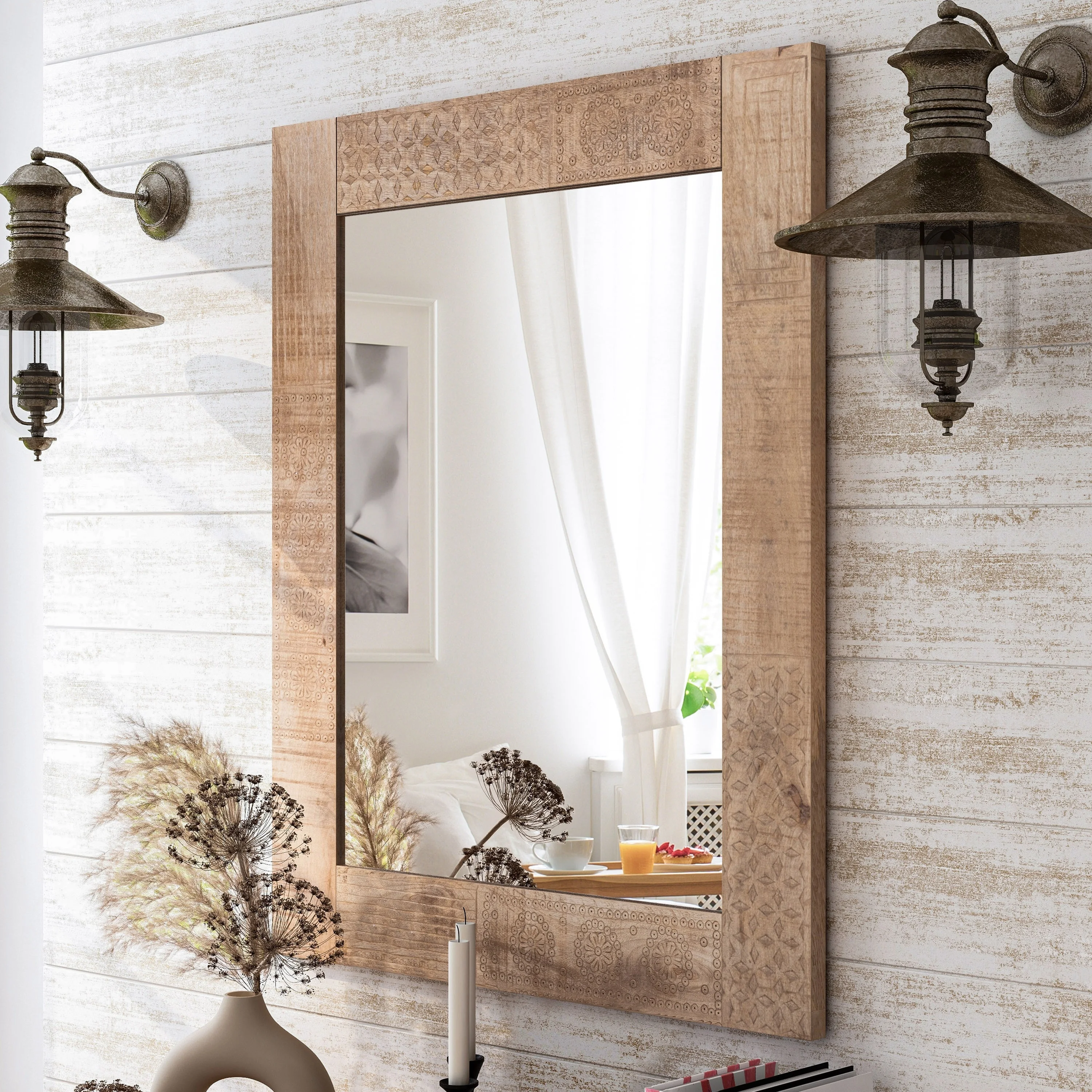 Furniture of America Carina Rustic Natural Solid Wood Wall Mirror by