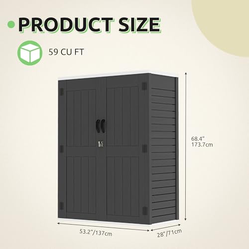GOOBED Vertical Outdoor Storage Shed, 59 Cubic Feet Resin Tall Shed, Lockable Waterproof Tool Organizer for Garden, Garage, Patio, No Shelves (Brown)