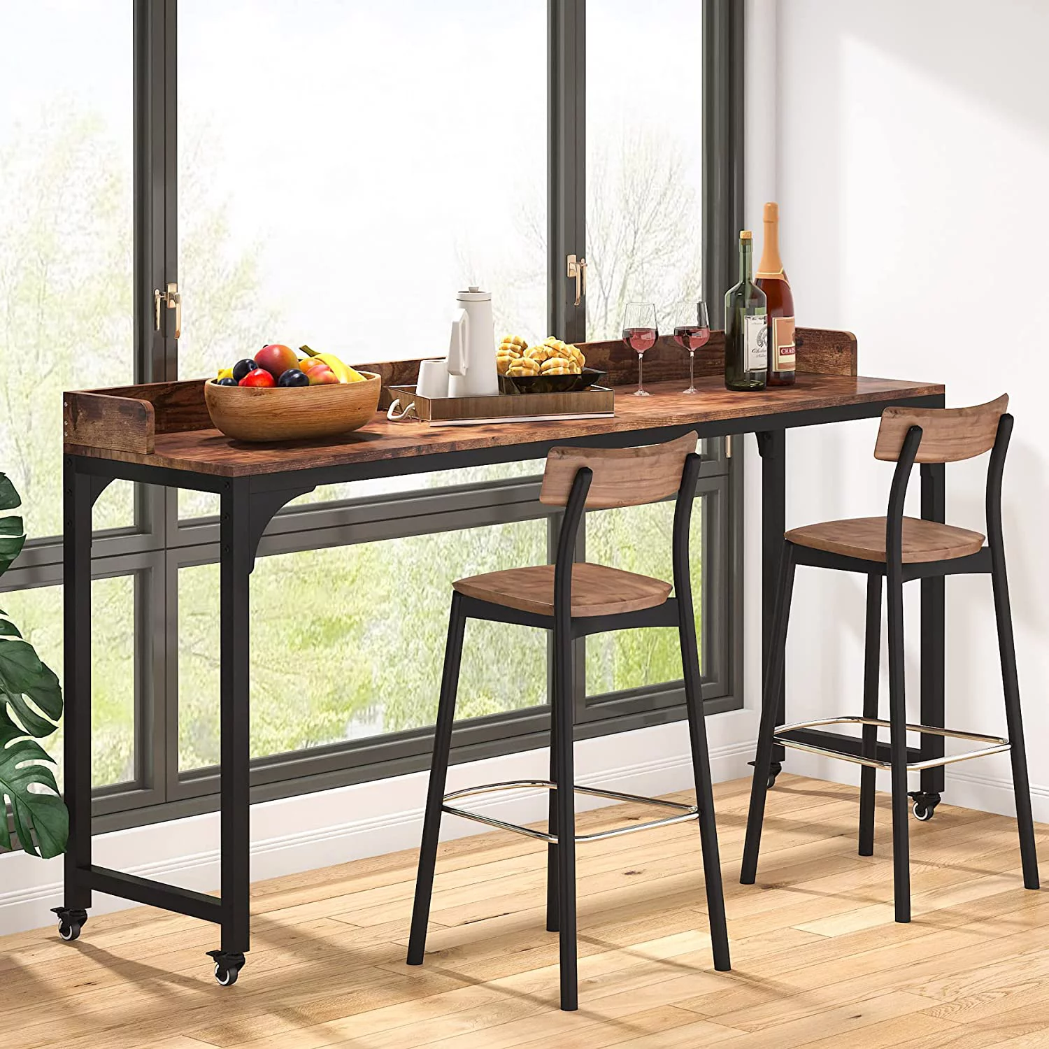 Tribesigns Brown Overbed Table with Wheels 70.8"L Queen Size Mobile Desk with Metal Legs, Unadjustable