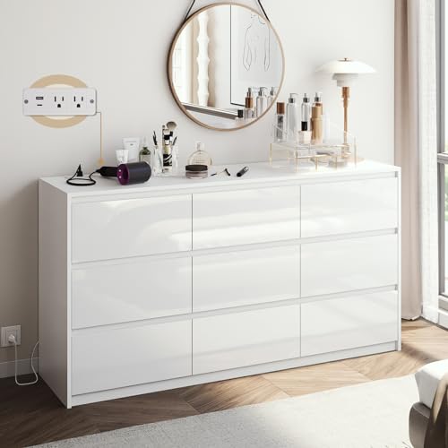 10 Drawer Dresser, White Dresser for Bedroom, High Gloss Modern Dresser & Chest of Drawers, 55" Long Dresser TV Stand