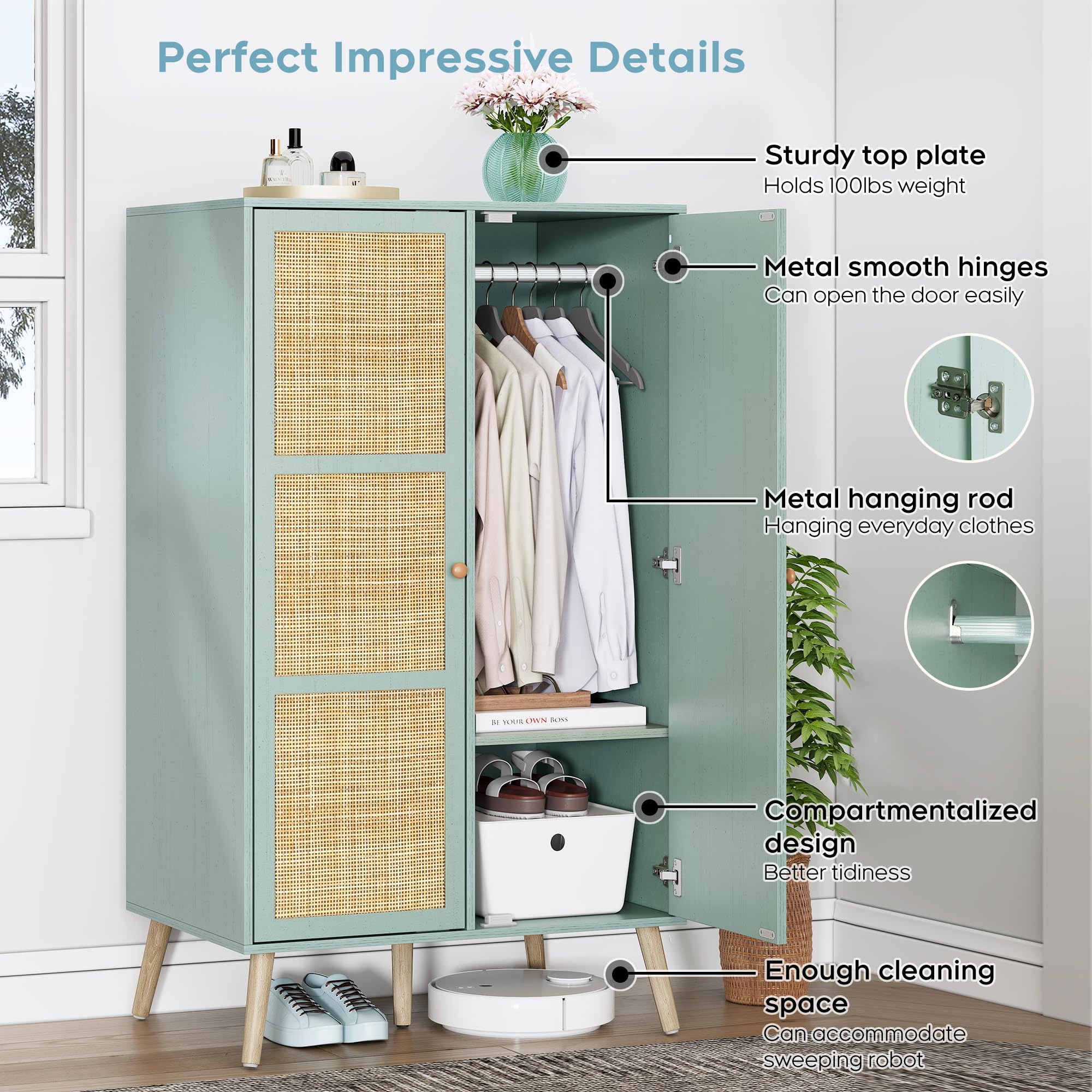 Brafab 55" Mid Century Vintage Armoire Wardrobe Closet with Natural Rattan Doors