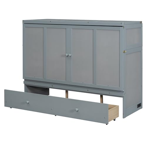 Queen Size Murphy Bed with Drawers and Charging Station Wood Murphy Wall Cabinet Bed with Storage for Saving Space, Espresso
