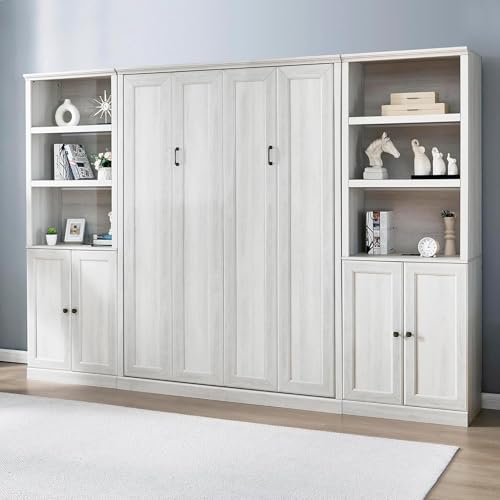 MERITLINE Queen Size Murphy Bed with Storage Bookcase Shelves,Cabinet and Charging Station,Wood Folding White Murphy Wall Bed
