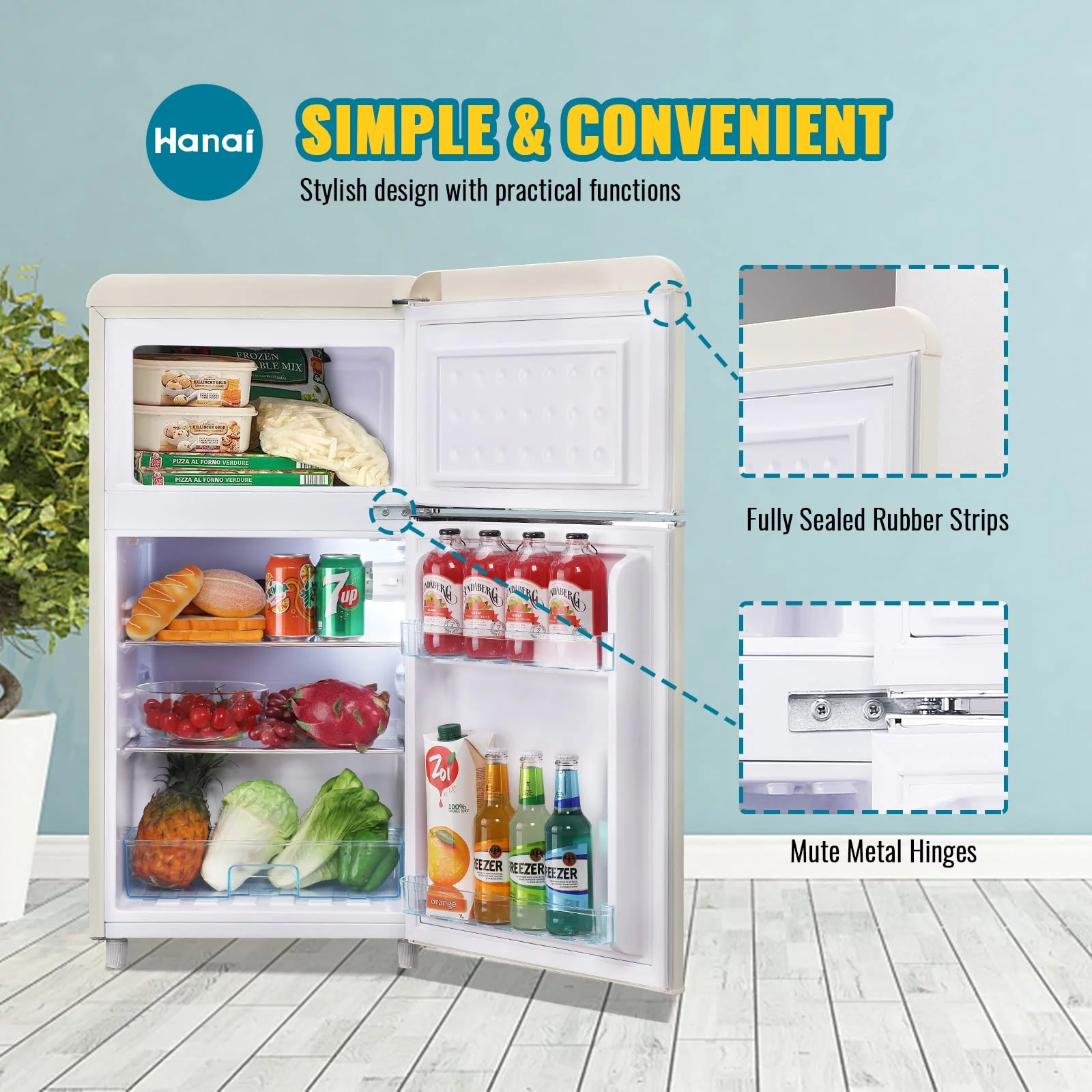 WANAI 3.5 Cu.ft Retro Mini Fridge with Freezer Small Refrigerators Dual Doors & Handles Cream
