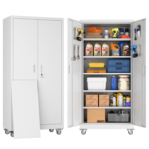 Garage Storage Cabinet with Wheels & Pegboard, 72" H Locking Metal Storage Cabinet with Doors and 4 Adjustable Shelves for Garage Workshop Home