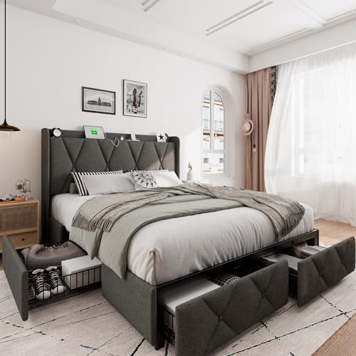 iPormis Queen Bed Frame with 4 Storage Drawers, Upholstered Platform Bed Frame with Charging Station, Modern Wingback Storage Headboard