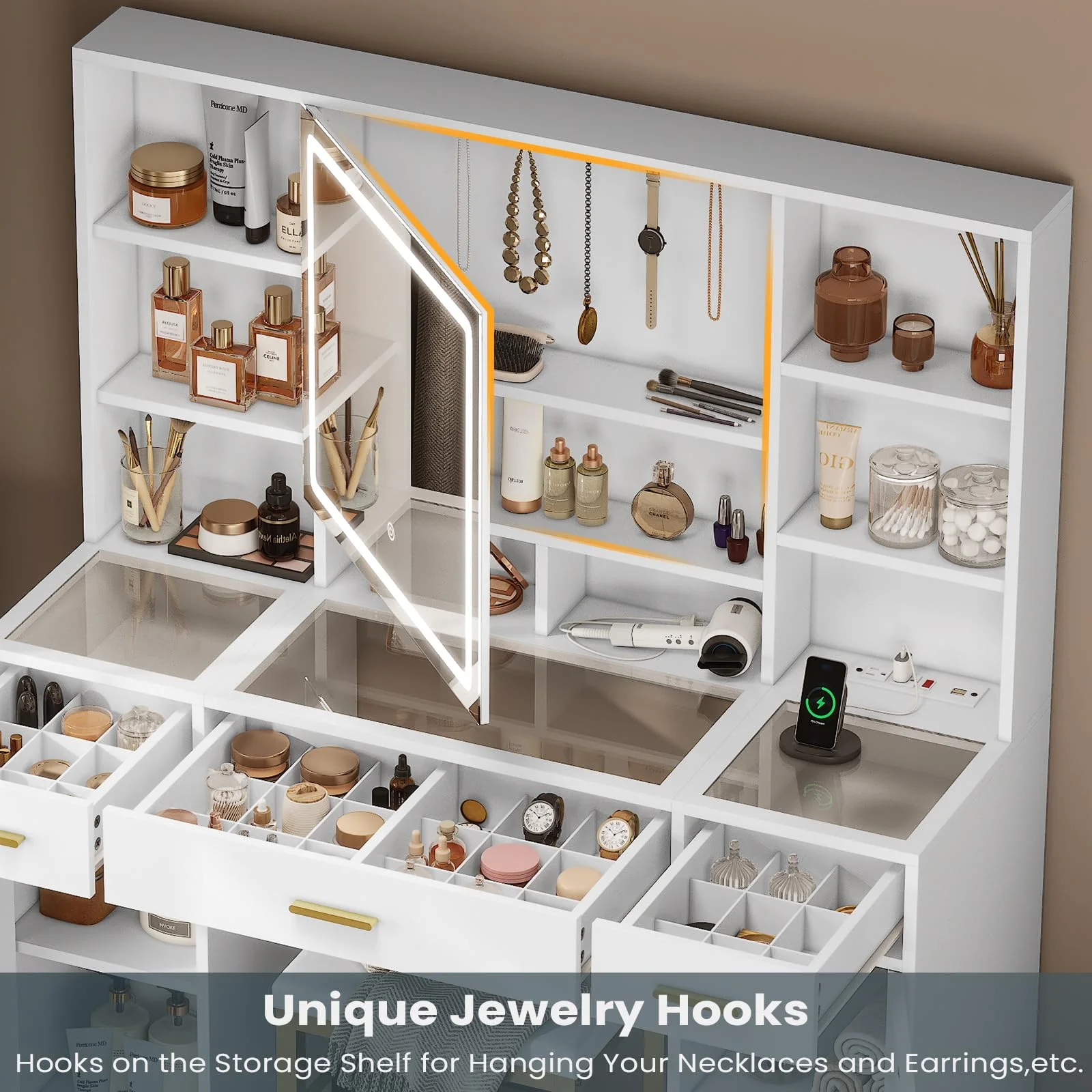 Afuhokles Vanity Set with Lighted Mirror and Charging Station, Vanity Desk Makeup Vanity with Big Glass Desktop,Compartment Storage