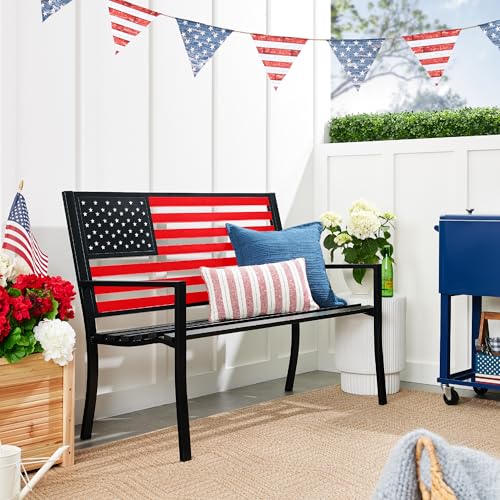 Best Choice Products Outdoor Bench 2-Person Steel Indoor/Outdoor Bench for Garden, Patio, Porch, Entryway w/American Flag, 790lb Capacity – Black