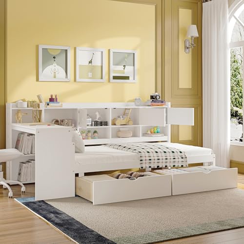 Corner Twin Bed Frame with Bookcase Storage and Desk, Wood Day Beds with 2 Drawers, Twin Size Daybed with Storage for Living Room