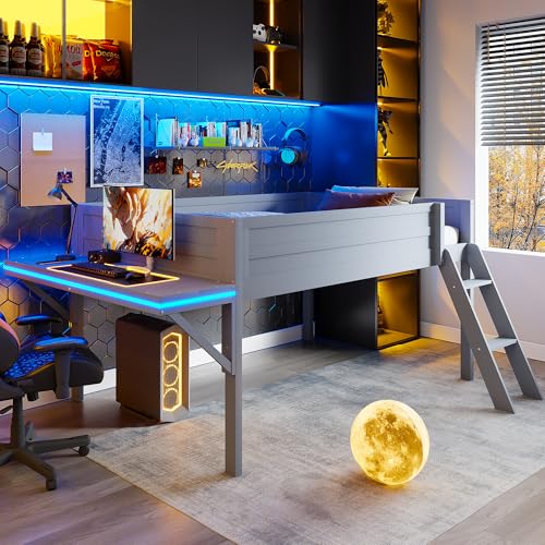 Modern Full Size Gaming Loft Bed with Built-in Desk and Storage Wardrobe, Wood Loft Bed Frame with Light Strip and 2 Drawers
