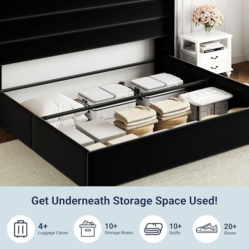 Allewie Full Size Lift Up Storage Bed, Modern Wingback Headboard, Hydraulic Support, No Box Spring Needed, Light Beige