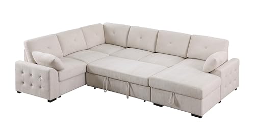 L-Shaped Pull Out Sleep Sofabed,Modern Reversible Sleeper Sectional Sofa Chenille Upholstered Button Tufted Decor with Storage Chaise