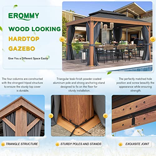 EROMMY 12'x20' Hardtop Gazebo Double Roof Galvanized Steel Canopy Outdoor Aluminum Frame Permanent Metal Pavilion with Netting and Curtains for Patio