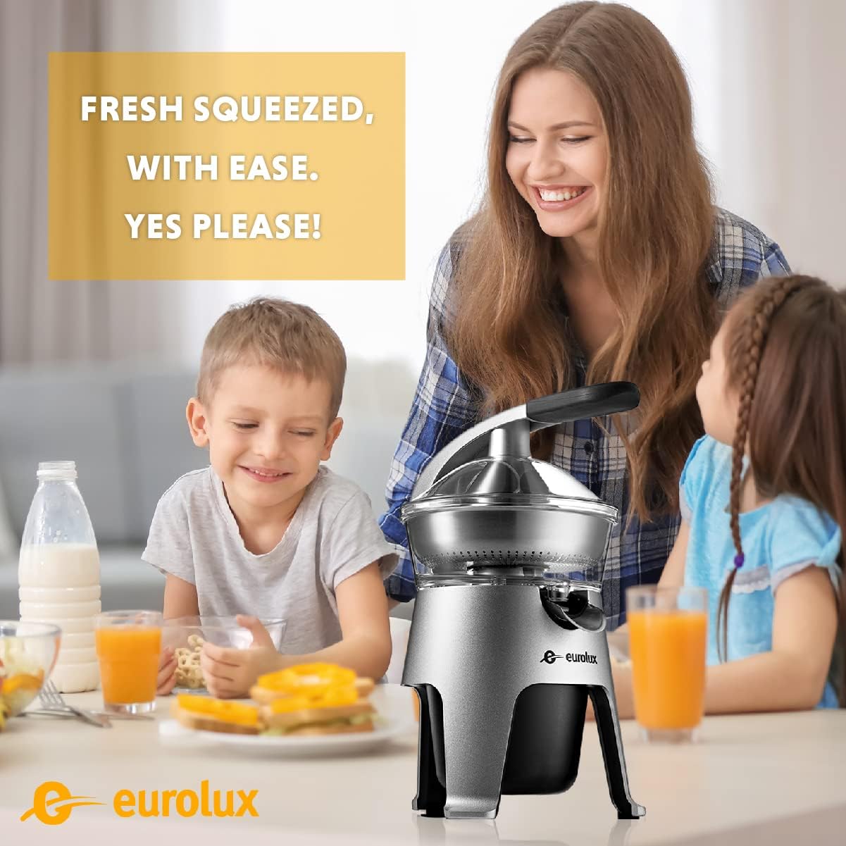 Eurolux Die Cast Stainless Steel Electric Citrus Juicer Squeezer, for Orange, Lemon, Grapefruit | 300 Watts of Power