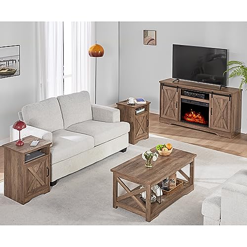 AMERLIFE 5-Piece Farmhouse Table Set Includes Fireplace TV Stand, Coffee Table& Two End Tables with Charging Station and USB Ports, for Living Room