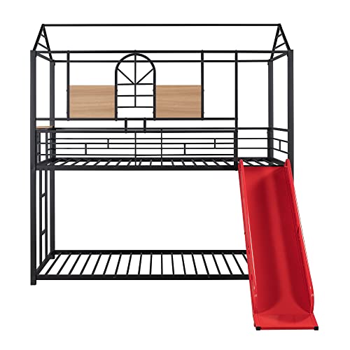 Kids Twin Over Twin Bunk Beds with Slide and Trundle, Solid Wood Bunk Bed Frame with Stairs and Storage