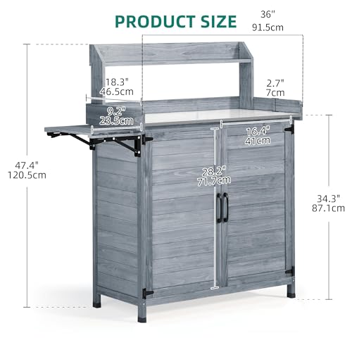 YITAHOME Solid Wood Potting Bench Table with Folding Pallet and Metal Tabletop, Outdoor Storage Cabinet Planting Table Garden Work Bench for Garden