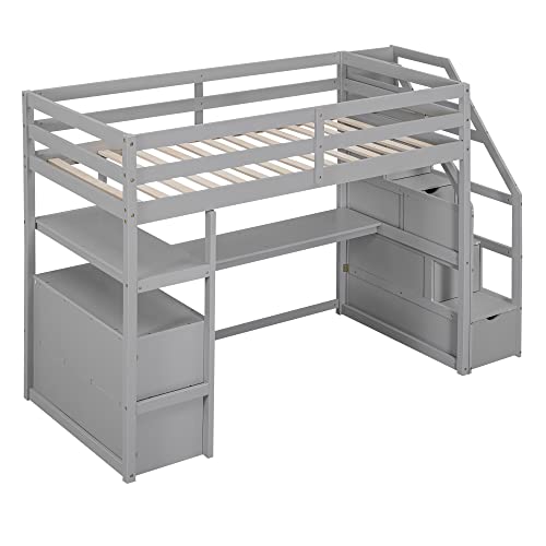 Twin Loft Bed with Staircase, Desk and Wardrobe, Wood Loft Bed with Storage Shelves and Safety Guardrail