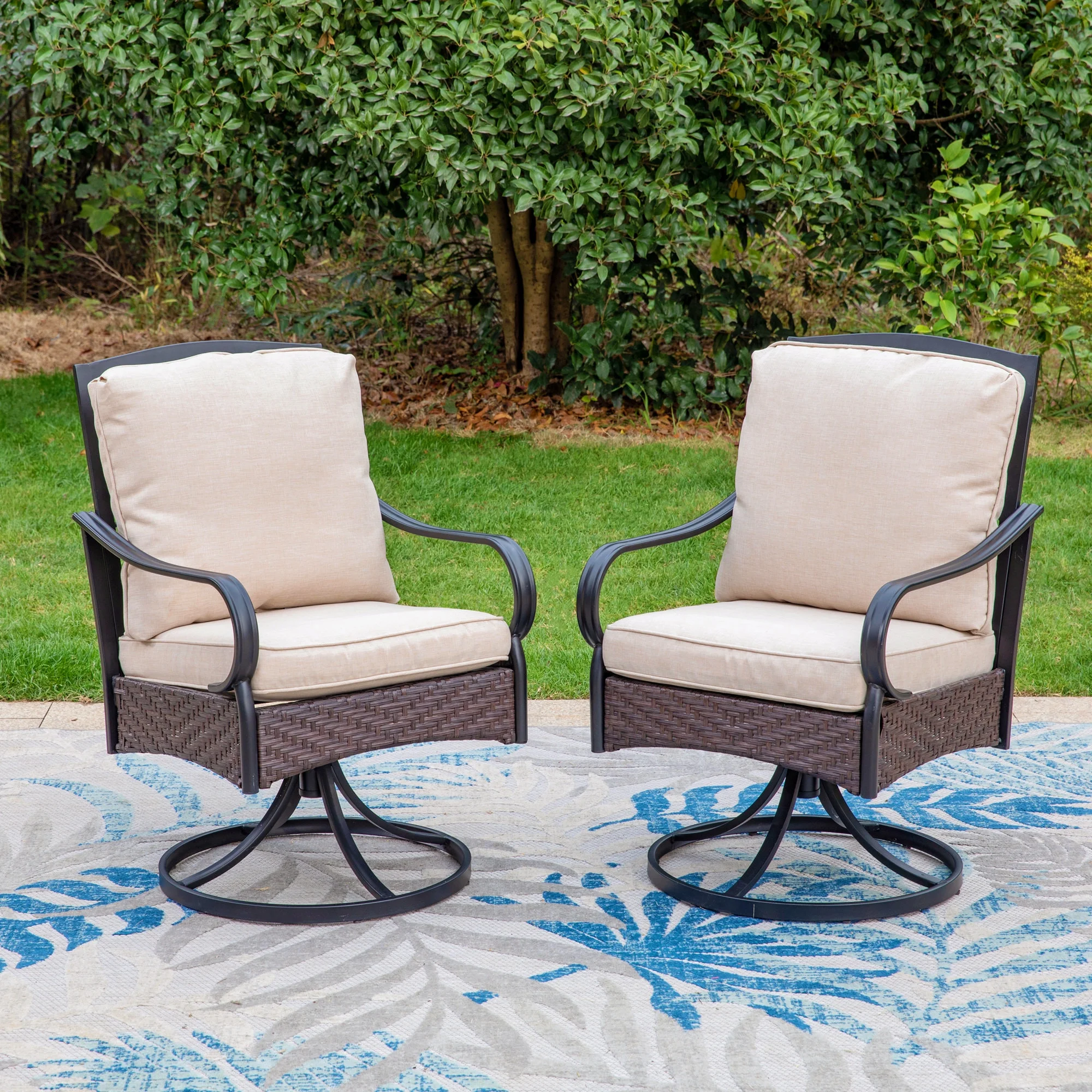 MF Studio 5-Piece Patio Conversation Set with 4 Swivel Wicker Cushioned Chairs & Fire Pit Table, 50,000 BTU, Black & Beige