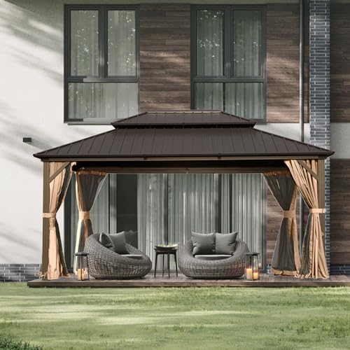 Domi 10' x 10' Hardtop Gazebo Outdoor Metal Gazebo with Galvanized Steel Double Roof Canopy, Curtains and Netting for Patio, Backyard, Deck