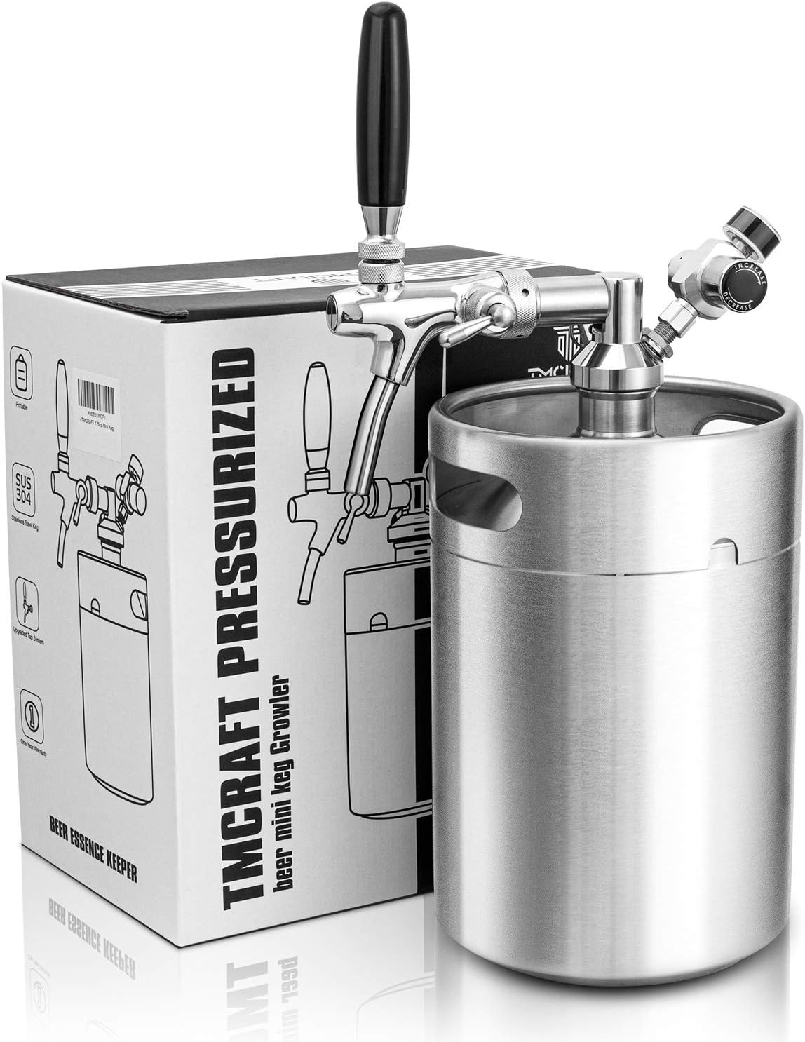 TMCRAFT 170oz Mini Keg Growler, Pressurized Stainless Steel Home Keg Kit System with Adjustable Faucet Keeps Fresh and Carbonation for Homebrew