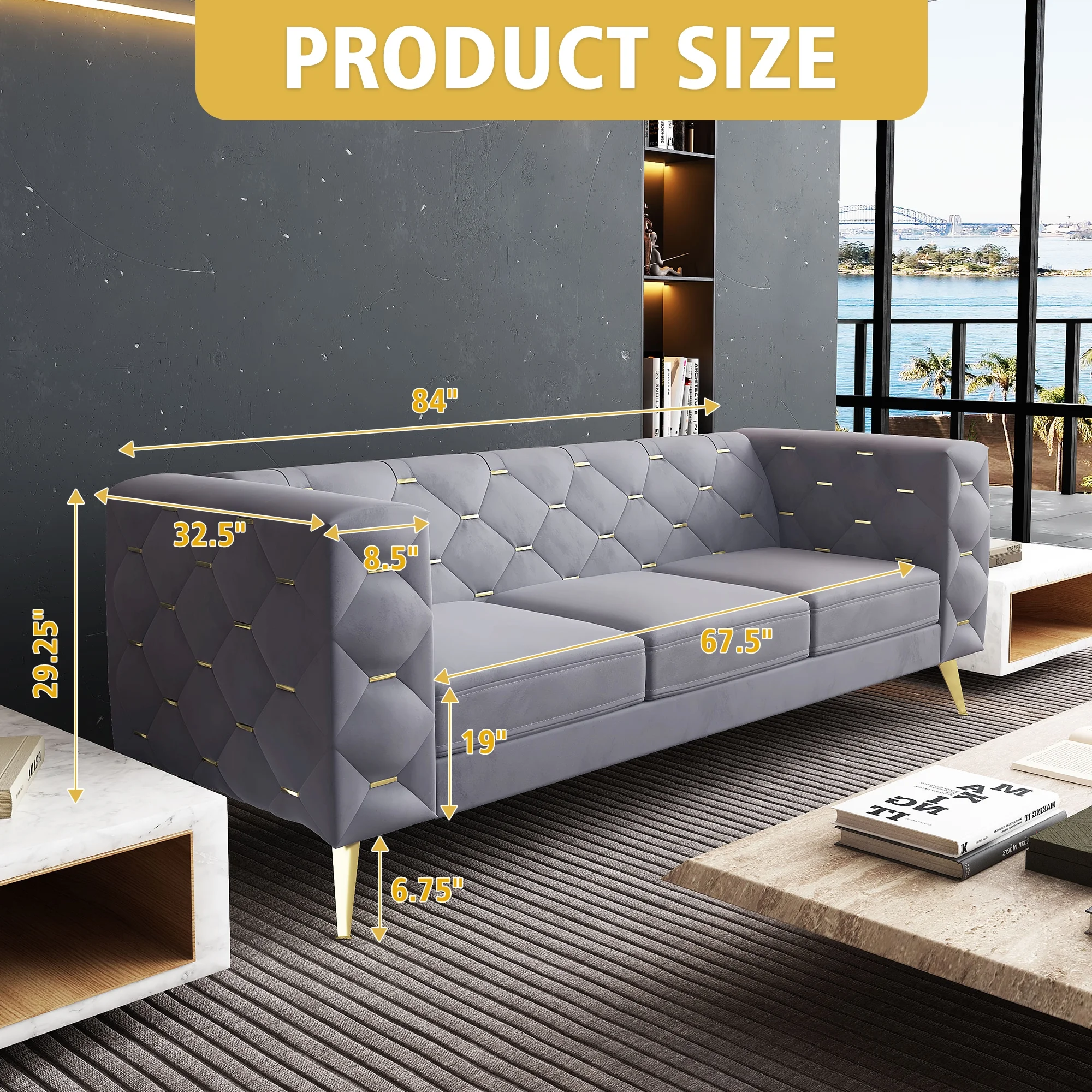 Giratree Living Room Furniture Sets, 3 Piece Mid Century Modern Velvet Upholstered Living Room Sofa, Gray