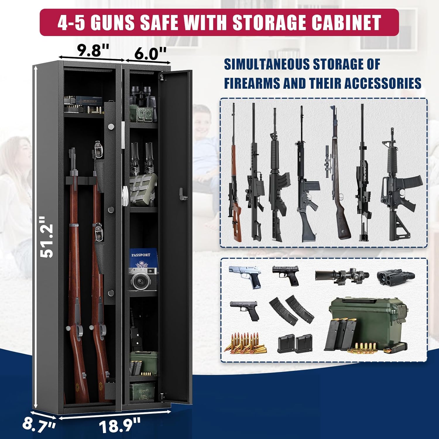 KAER 4-5 Gun Safe, Gun Safe for Rifles and Pistols, Large Gun Safes for Home and Shotgun, Gun Cabinet for Home, Gun Safes & Cabinets