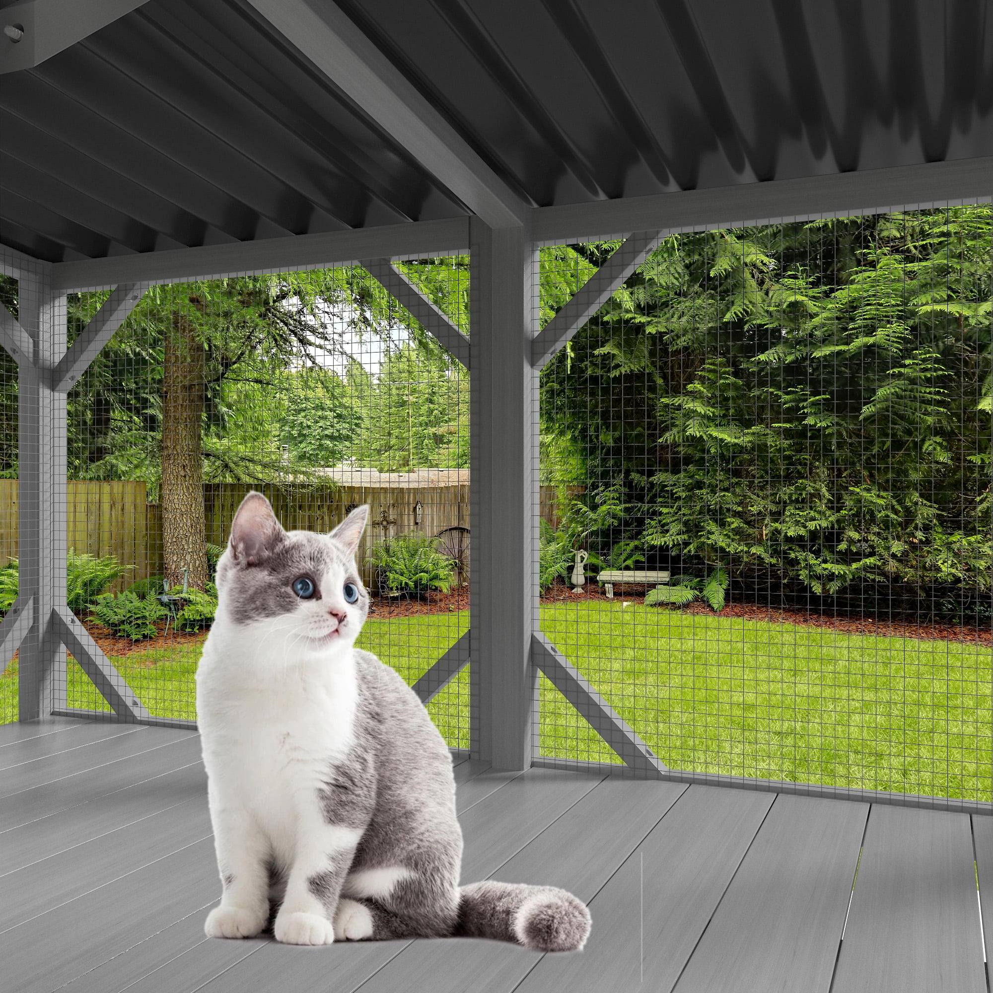 Montary Catio Outdoor Cat Enclosure with Window Access, 4-Tier Cat House with Wheels, Waterproof Roof &amp; Resting Box, Large Gray Cage