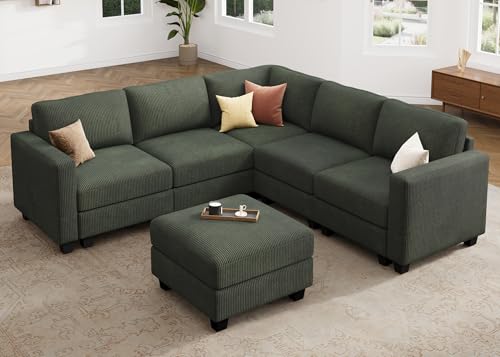 HONBAY Corduroy Modular Sectional Couch with Storage L-Shaped Sectional Couches for Living Room 6 Seater Modular Sofa, Dark Gray