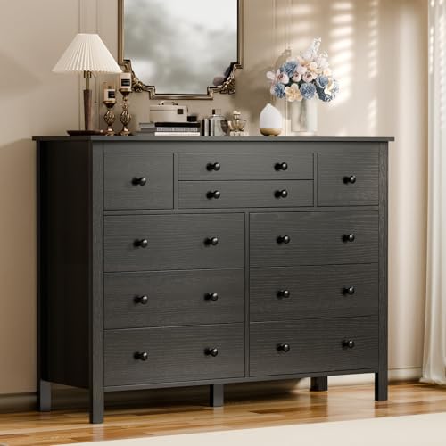 10 Drawer Large Black Dresser for Bedroom, 47.2" Long Chest of Drawers with Deep Drawers, Modern Wooden Storage Dresser for Closet