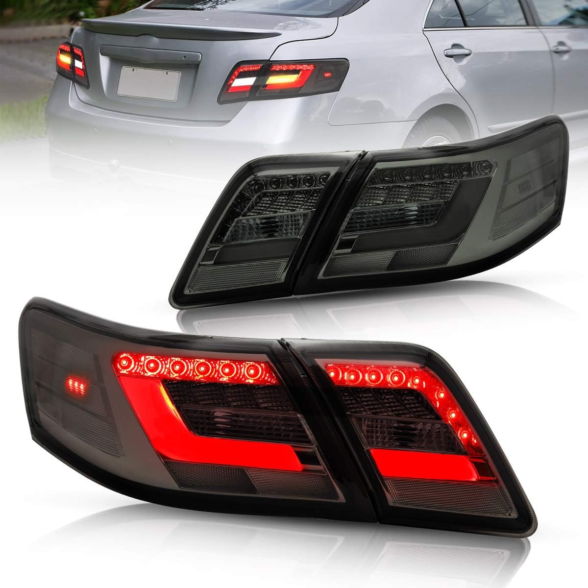 VLAND LED Tail lights Compatible with Toyota Camry 2007-2011 with 3D Light Bar, Not Fit LE Models and Hybrid (Factory LED Rear Light) Red Smoke