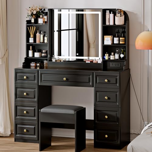 43" Makeup Vanity Desk with Mirror and Lights, & Power Outl, Glass Top Big Vanity Table with 9 Drawers& 8 Storage Shelves