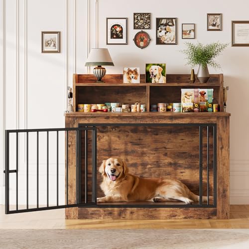 IRONCK Extra Large Dog Crate Furniture, 43.3 inches Wooden Dog Crate with Storage and 4 Hooks, Heavy Duty Pet Crate for Large Dog