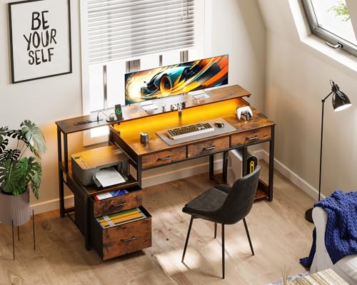 AODK 55 Inch Computer Desk with 3 Drawers and File Cabinet for Storage, Office Desk with Monitor Stand and LED Lights, Home Office Desks, Black