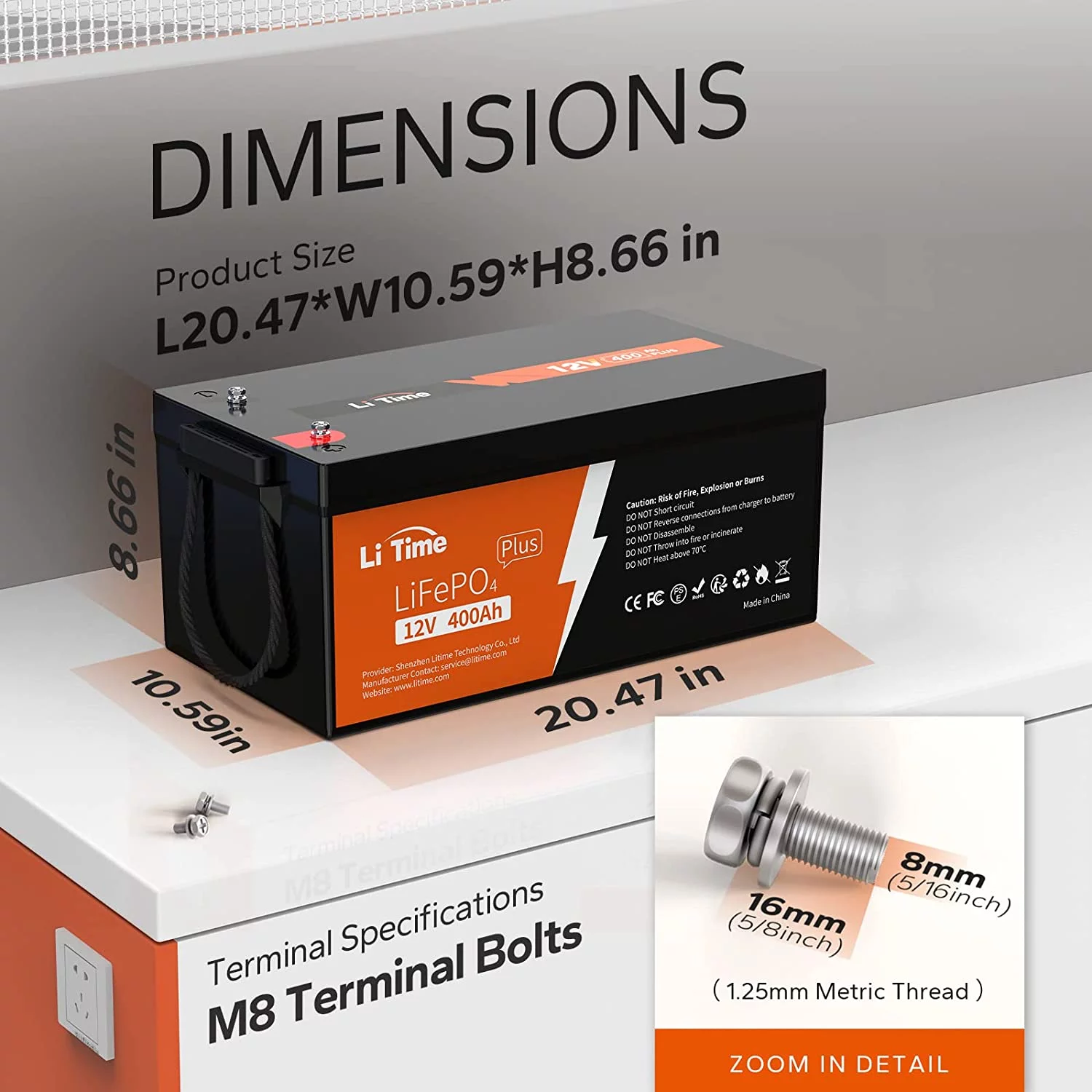 LiTime 12V 400Ah Lithium Battery, 3200W Max. Load Power LiFePO4 Battery with 250A BMS, 5120Wh Usable Energy for RV, Home Solar System