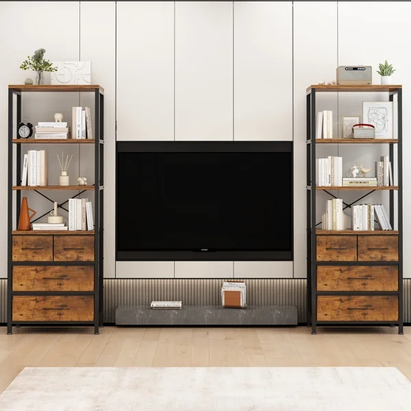 SYTHERS 6 Layer Bookshelf with Drawers, Tall Bookcase with Shelves, Wood & Metal Book Shelf Storage Organizer
