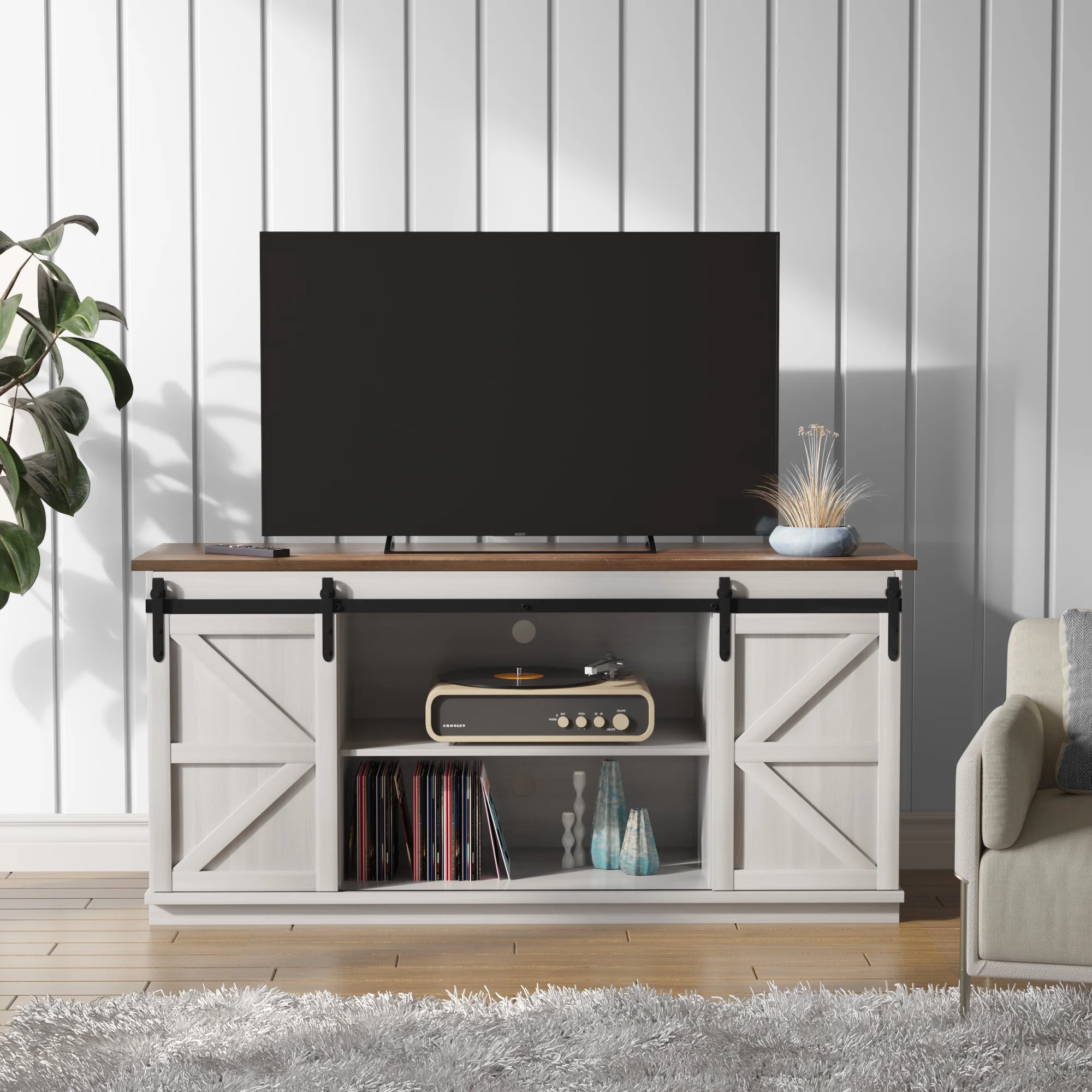 Furmax Modern Farmhouse Barn Door TV Stand for TVs up to 65", White - Curated Treasures Market