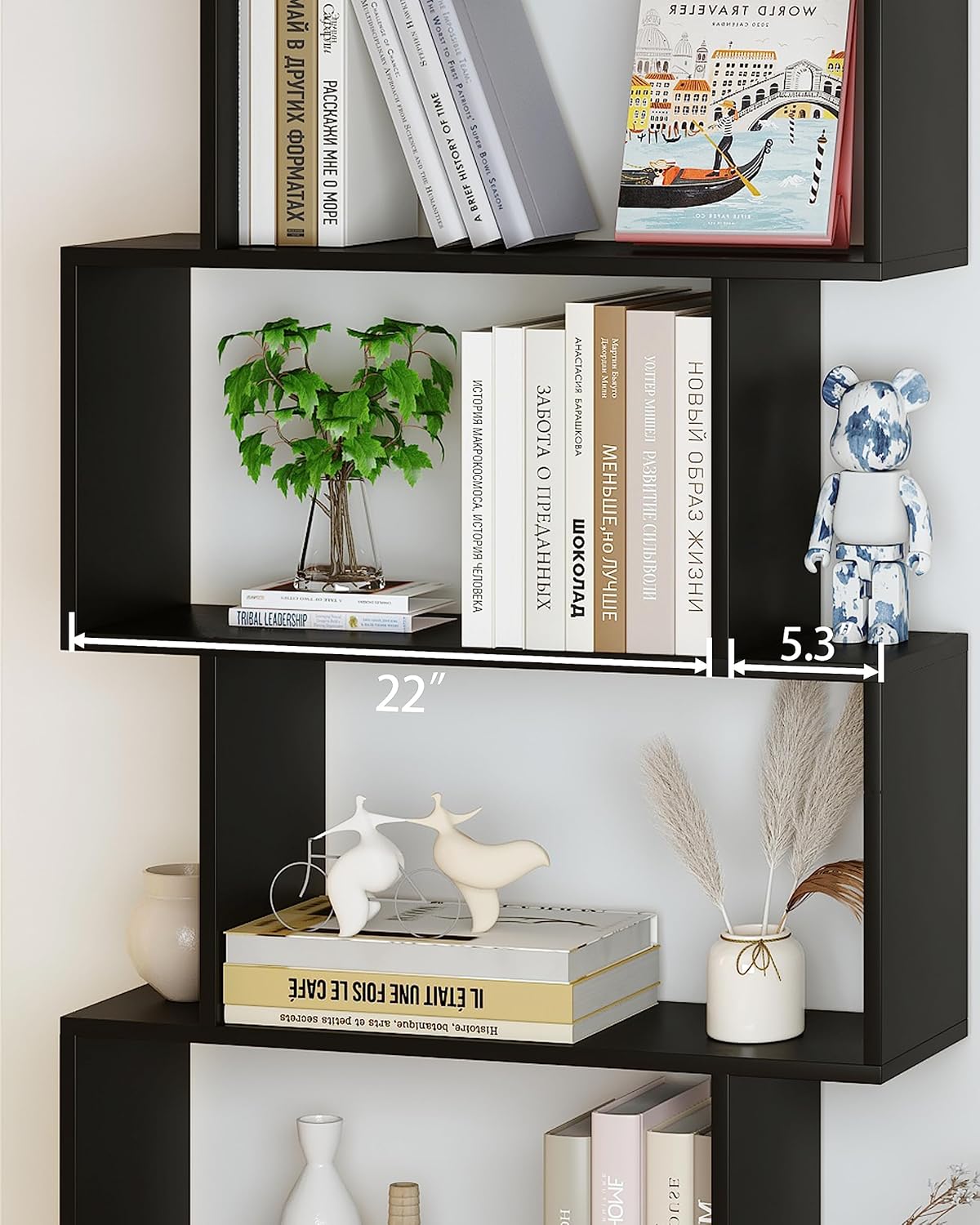 Yusong Bookshelf, Geometric Bookcase S Shaped Book Shelves Unit for Living Room, 6 Tier Tall Decorative Display Shelf for Bedroom, Study Room, Black