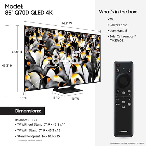 Samsung 75-Inch Class QLED 4K Q70D Series Quantum HDR Smart TV with Object Tracking Sound Lite, Motion Xcelerator, Eye Comfort Mode, Gaming Hub