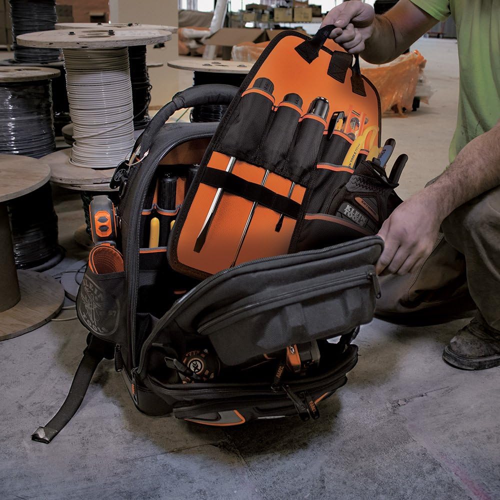 Klein Tools 55485 Tool Bag Backpack, Durable Electrician Backpack with 48 Pockets for Hand Tools, Waterproof Bottom, Removable Tool Carrier