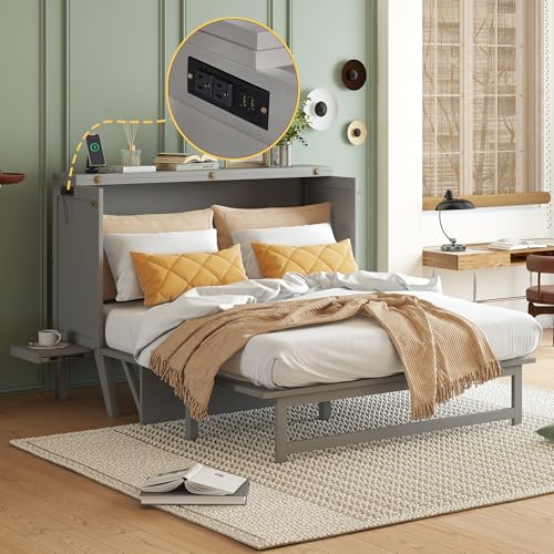 KEIKI Queen Size Cabinet Murphy Bed with Charging Station, Drawers, Removable Shelves, Multiple Storage Foldable Hideaway Wall Murphy Bed Frame