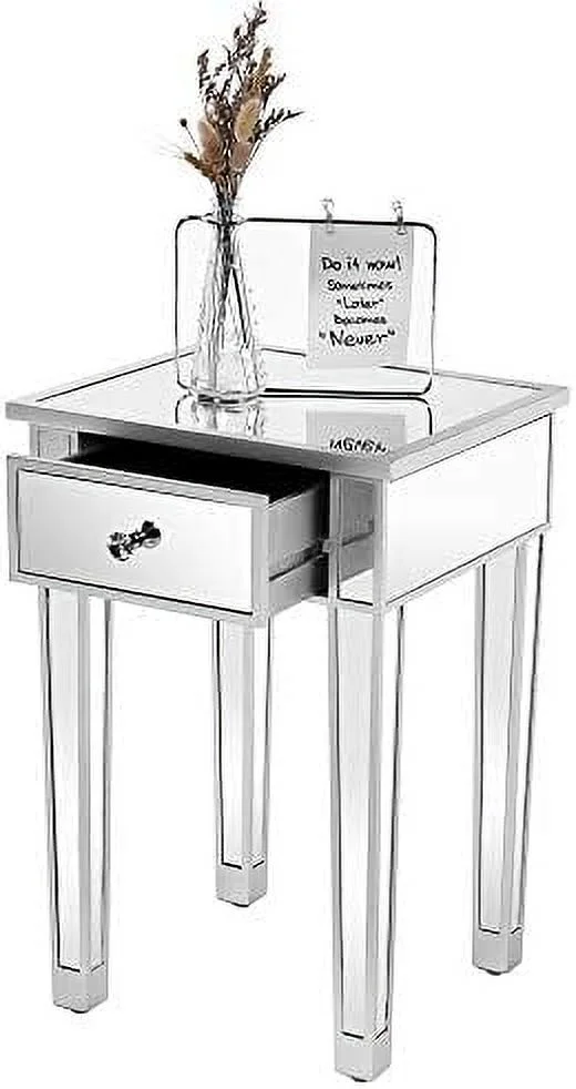 TJBOLIFE Mirrored Nightstand Set of 2  End Table  Small Modern Bedside Table/Night Stand with Drawer for Bedroom Living Room  Silver