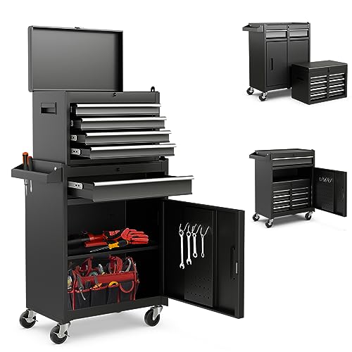 Goplus Rolling Tool Chest, 5-Drawer Tool Box Organizer w/Lockable Wheels & Sliding Drawers & Detachable Top & Adjustable Shelf