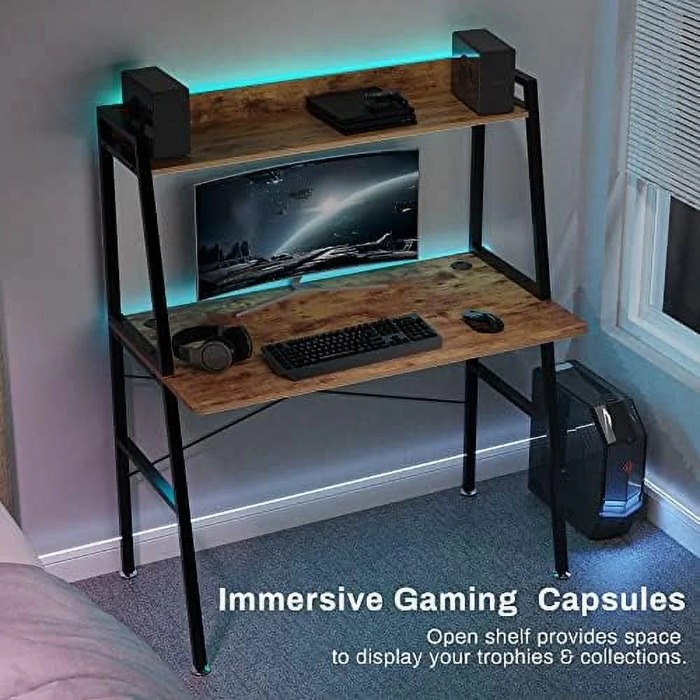 Small Computer Ladder Desk with  Shelves  43 Inch 2-Tier  Office Students Study Writing PC Gaming Table with Bookshelf  Workstation for Space Saving