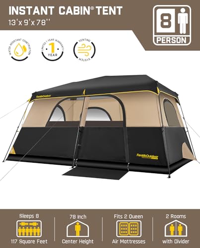 FanttikOutdoor Instant Cabin Tent 6/8/10/12 Person Camping Tent Setup in 60 Seconds with Rainfly & Windproof Portable with Carry Bag for Family