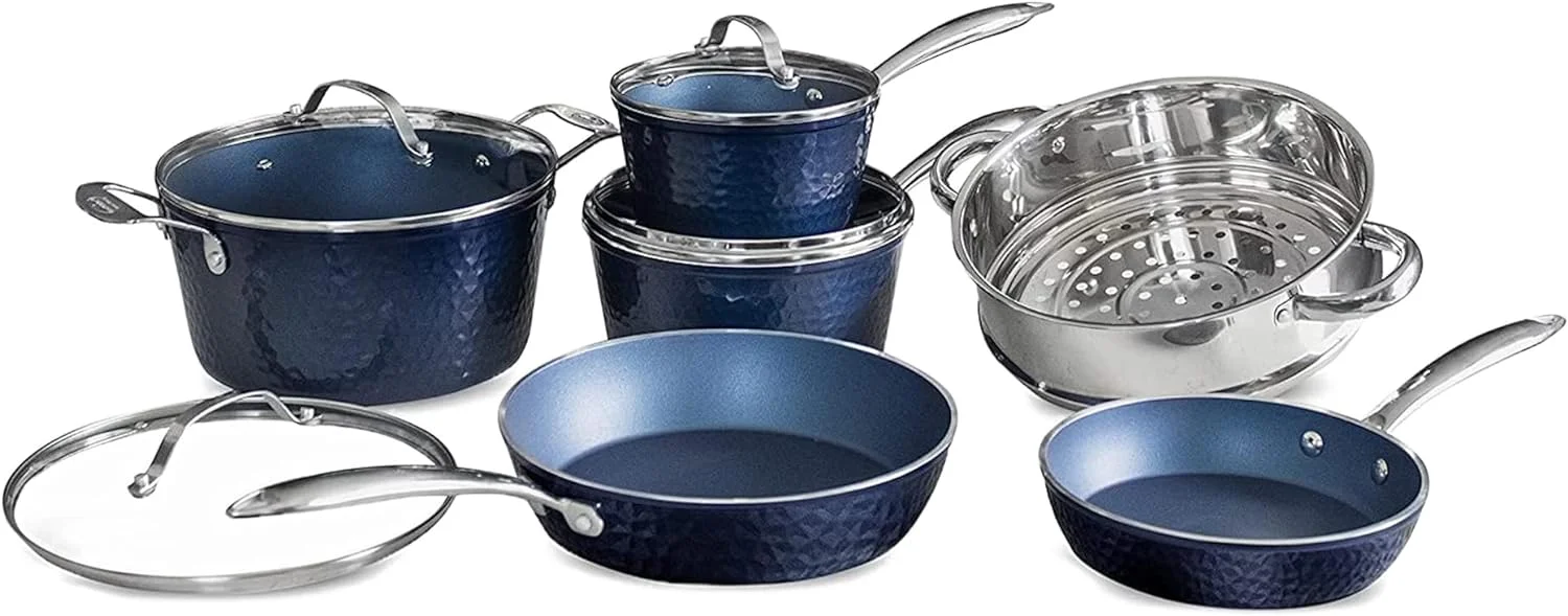 Blue Hammered Collection - Non-Toxic, Non-Stick Ceramic 10 Piece Cookware Set With Glass Lids, Scratch-Resistant, Oven Safe With Upgraded Handles