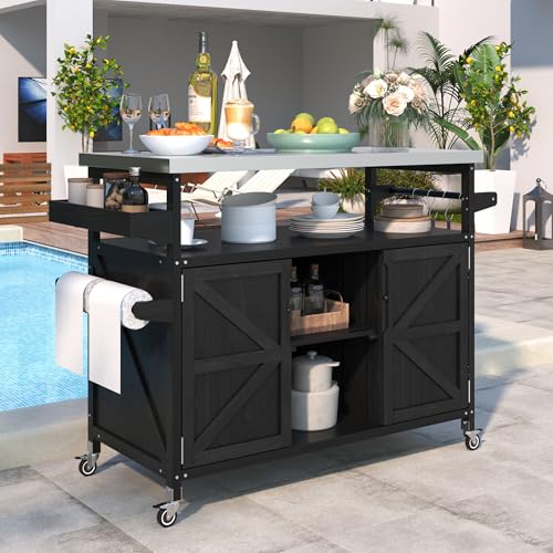 Farmhouse Kitchen Island with Power Outlet, Drop Leaf, Spice Rack and Drawer,Rolling Kitchen Cart on Wheels