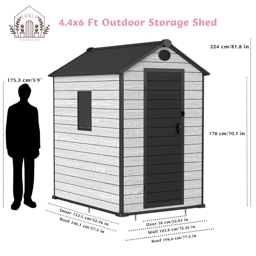 4.4x6 FT Resin Outdoor Storage Shed, 230 Cuft Garden Tool Sheds & Outdoor Storage Plastic Shed with Floor