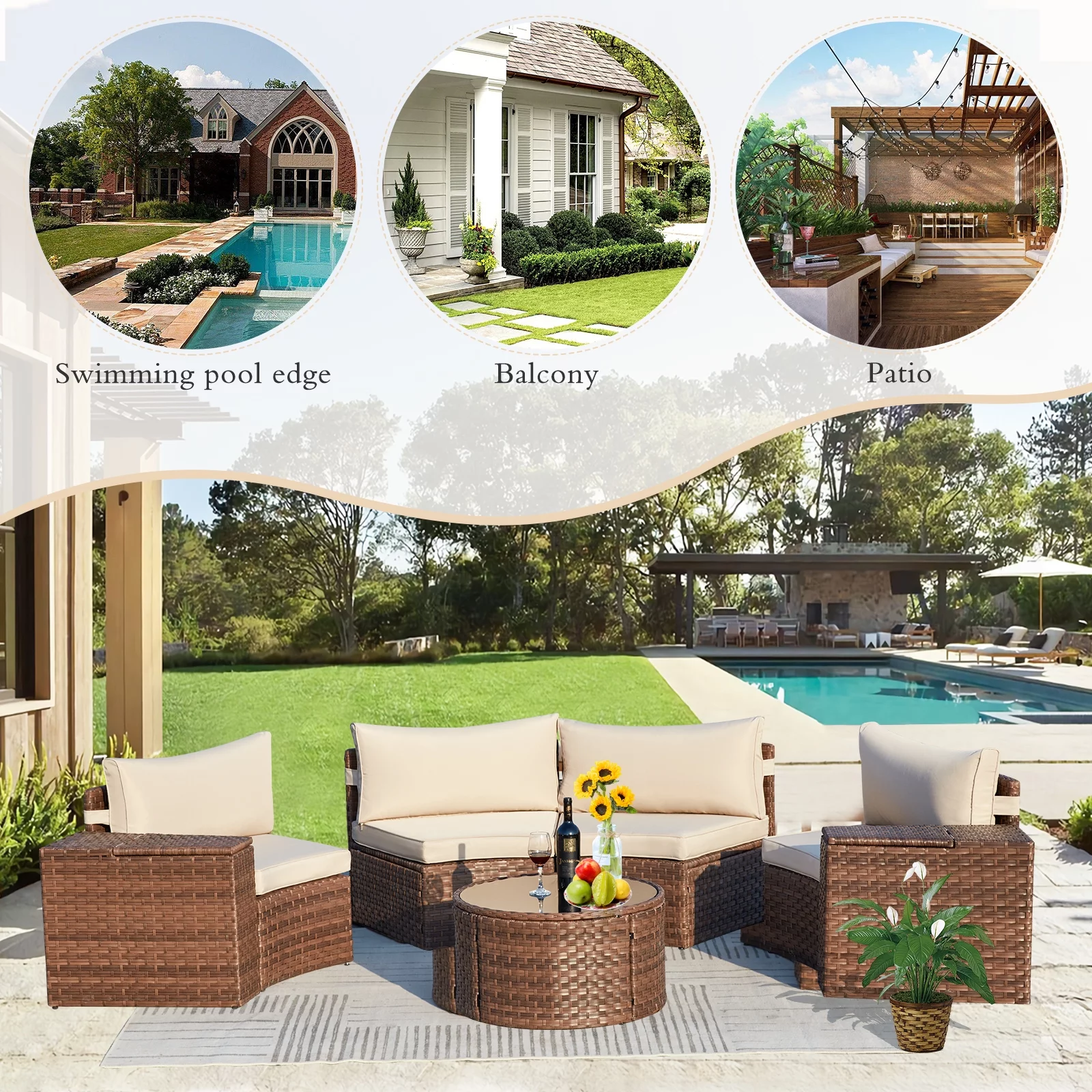AVAWING 7-Piece Half Moon Patio Set, Wicker Sectional Sofa, Glass Table, Waterproof Covers (Beige)